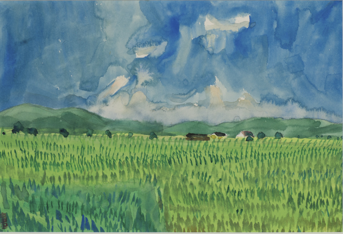 絵画、青い空と緑の畑